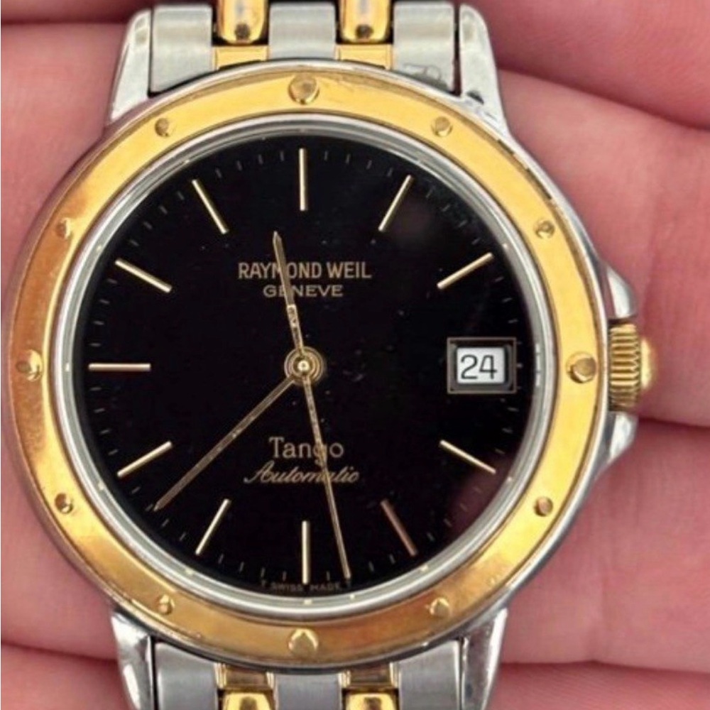 Raymond Weil Silver Stainless Steel Watch Back with Gold Crown Accent